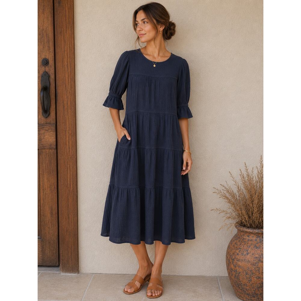 Chicos Navy Gauze Tiered Midi Dress Minimalist Romantic BOHO Sz 1 (M 8-10)